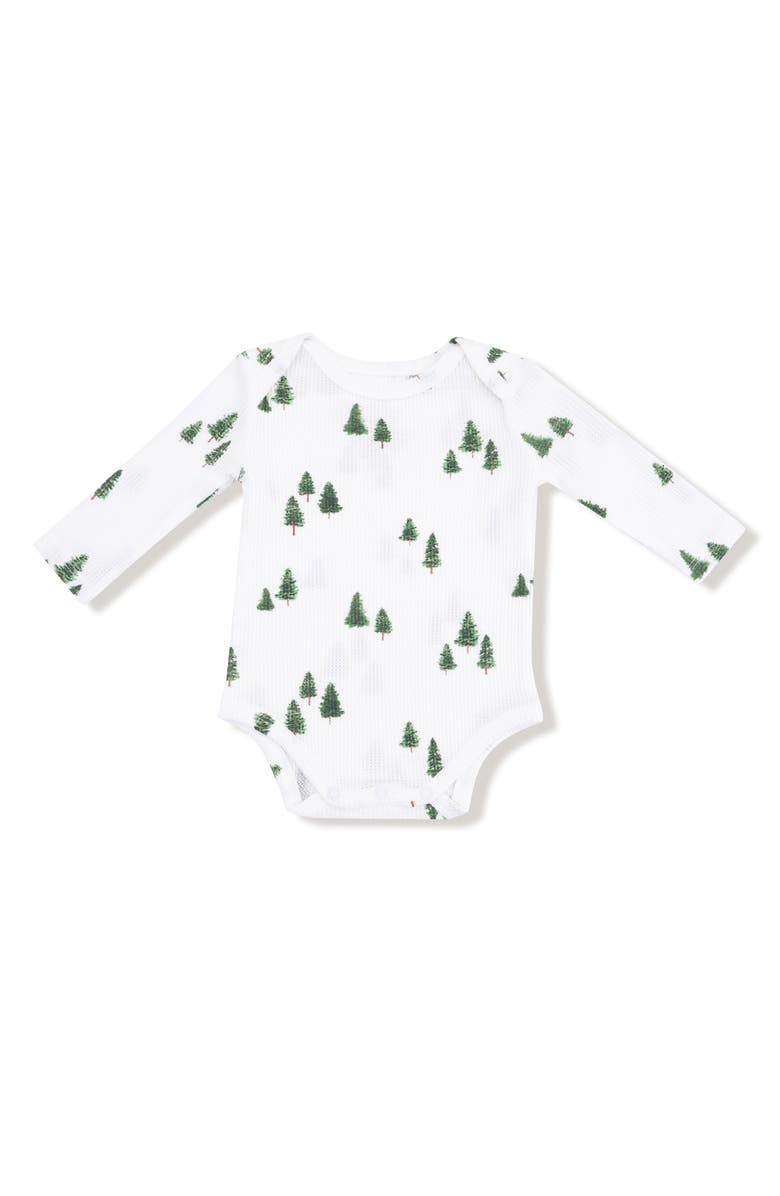Angel Dear Tiny Forest Print Long Sleeve Bodysuit, Main, color, Ivory