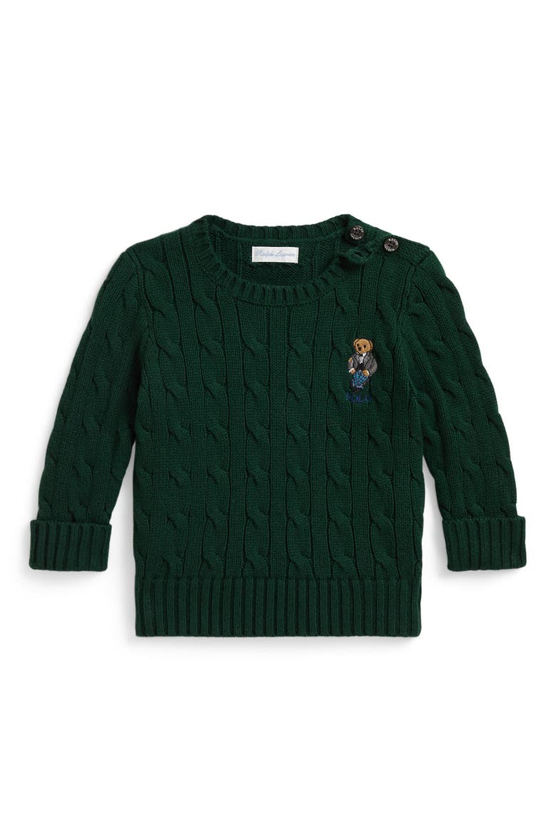 Kids' Polo Bear Cable Knit Cotton Sweater, Main, color, MOSS AGATE