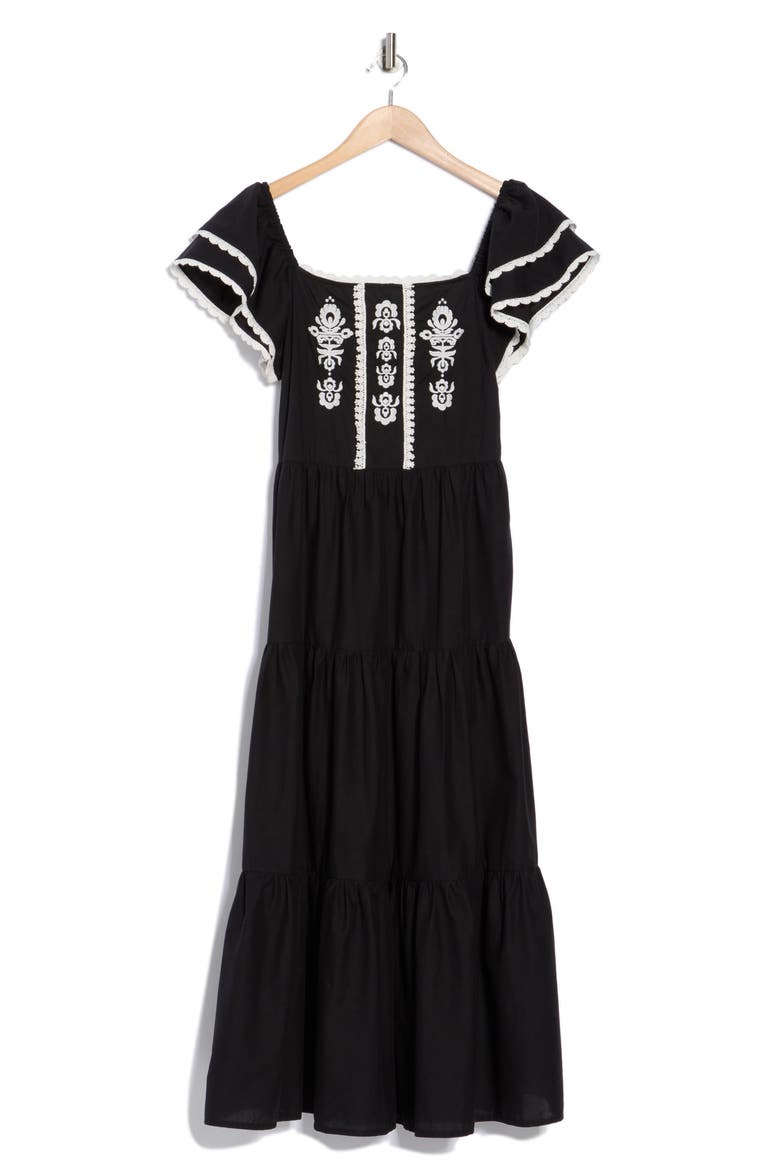 Embroidered Midi Dress, Alternate, color, BLACK/ EGRET