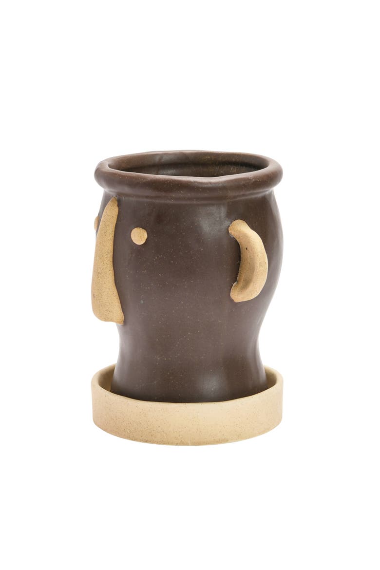 Creative Co-Op Stoneware Face Planter with Saucer, Matte Black and Cream, Alternate, color, Brown