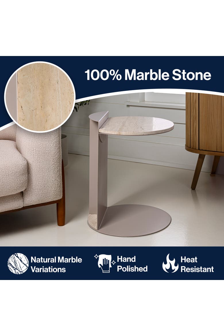 Evelyn Modern Round Marble C-Shaped End Table, Iron Frame Sofa Side Snack Table for Living Room or Bedroom, Alternate, color, Beige/Pink Beige
