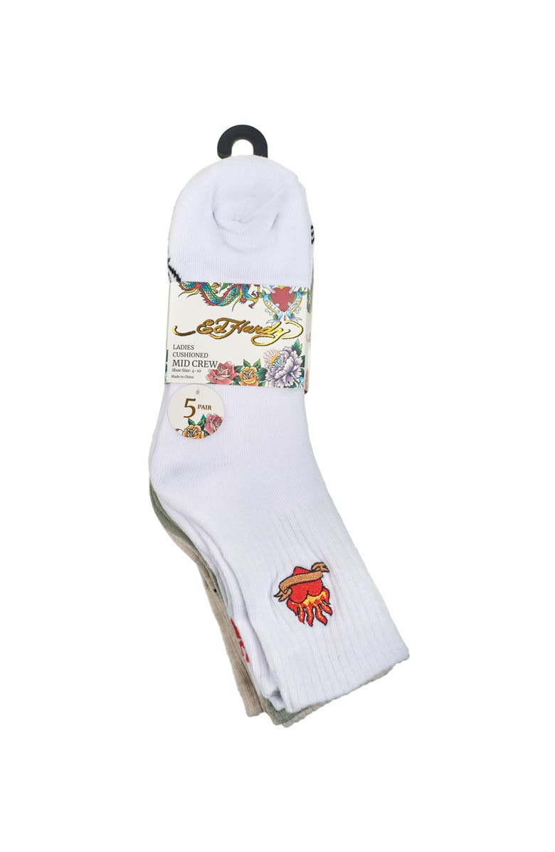 Ed Hardy Fashion full cushion Mid Crew Sock 5-Pack, Alternate, color, White Multi