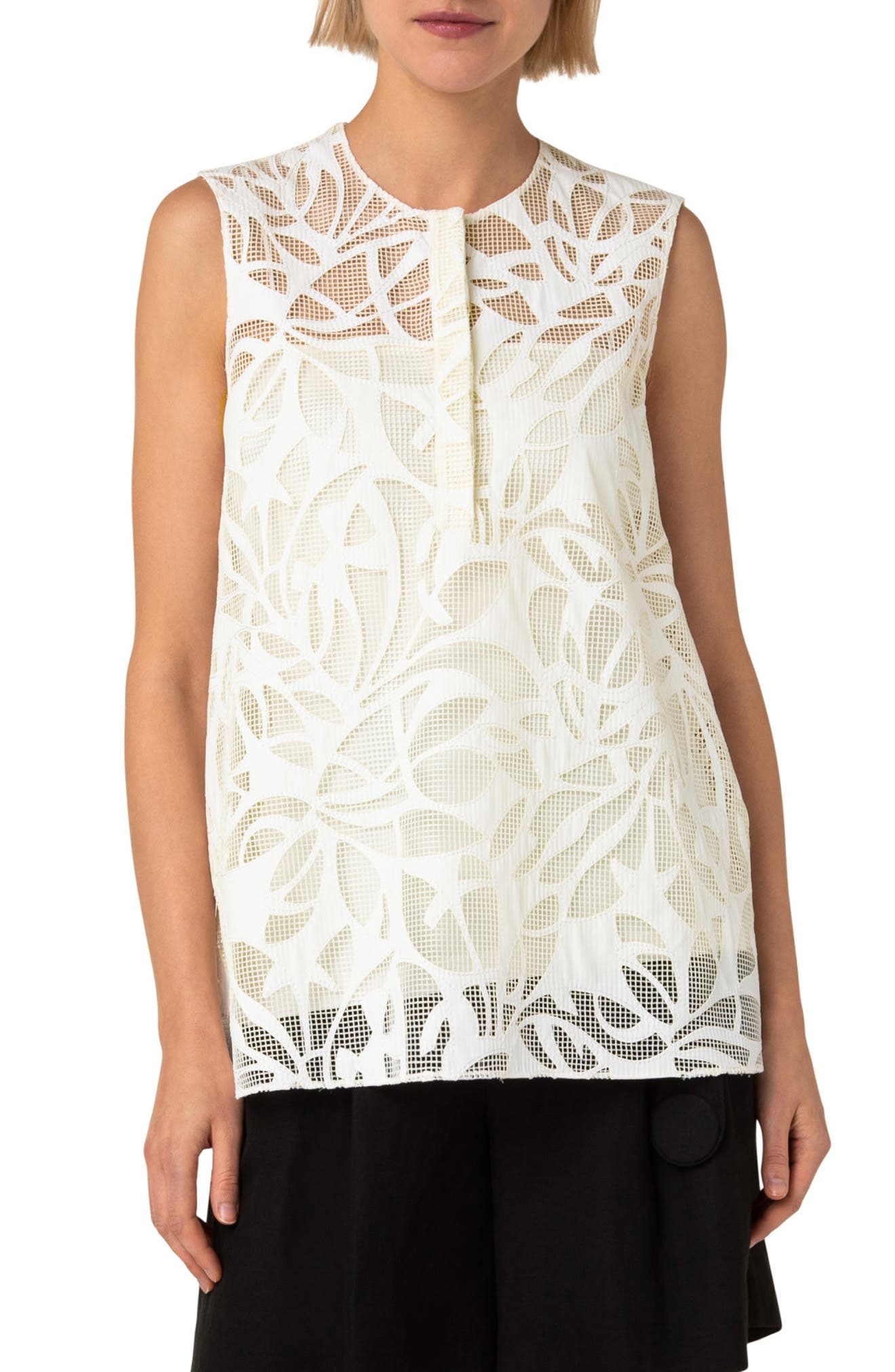 Akris punto Sleeveless Mesh & Faux Leather Blouse