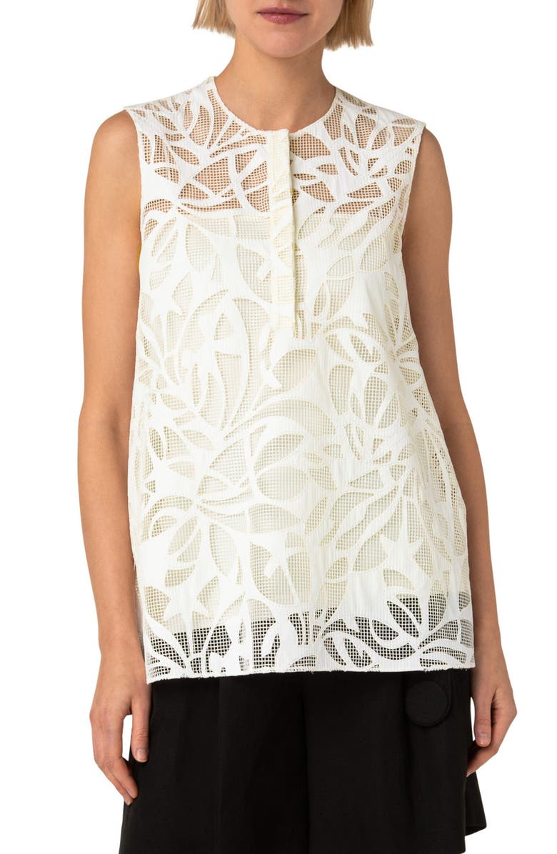 Akris punto Sleeveless Mesh & Faux Leather Blouse, Main, color, 011-Cream