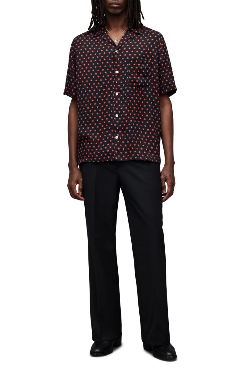 AllSaints Stellar Mass Relaxed Fit Star Print Camp Shirt, Alternate, color, Jet Black