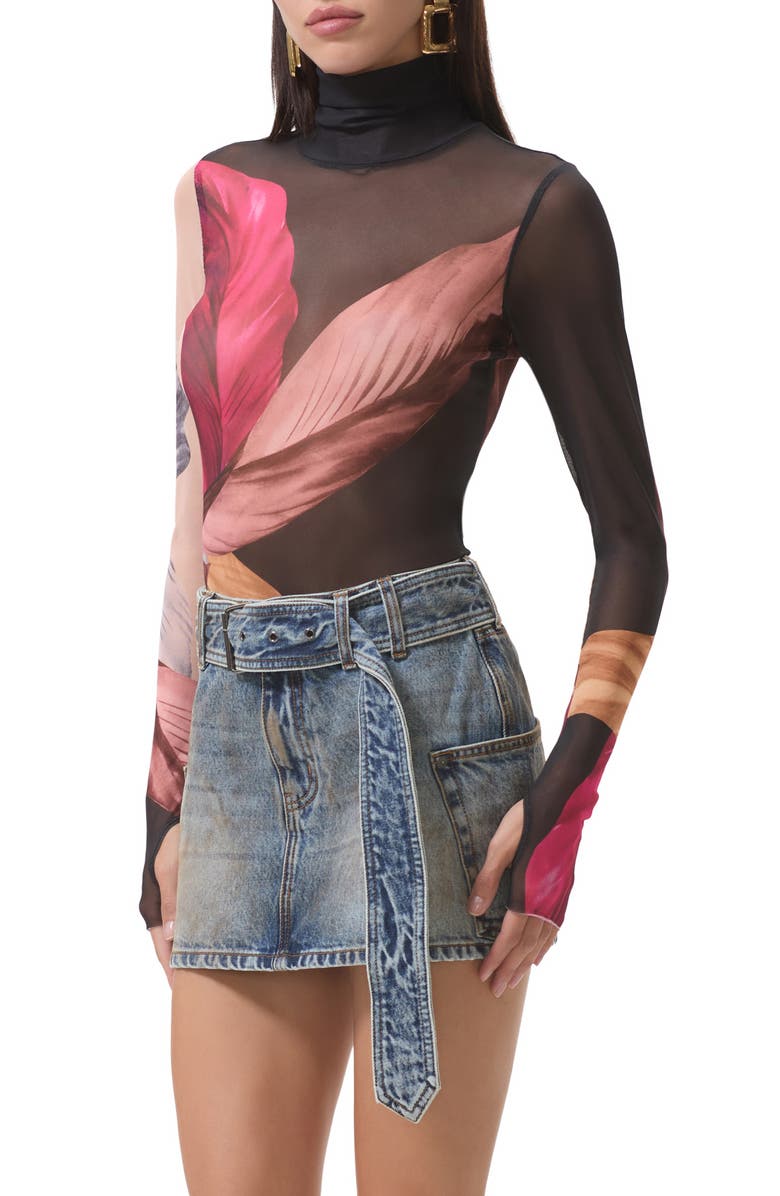 AFRM Zadie Print Turtleneck Mesh Top, Alternate, color, Feather Fan