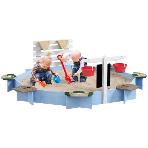 Outsunny Wooden Sandbox with 6 Seats & Water/Sand Toys in Blue 