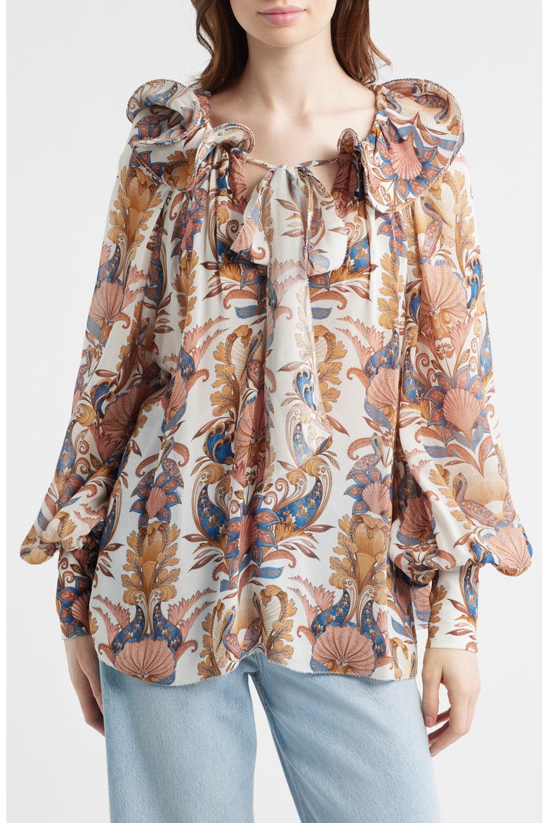 Sea Garden Tie Neck Top, Main, color, SEA GARDEN OFF-WHITE