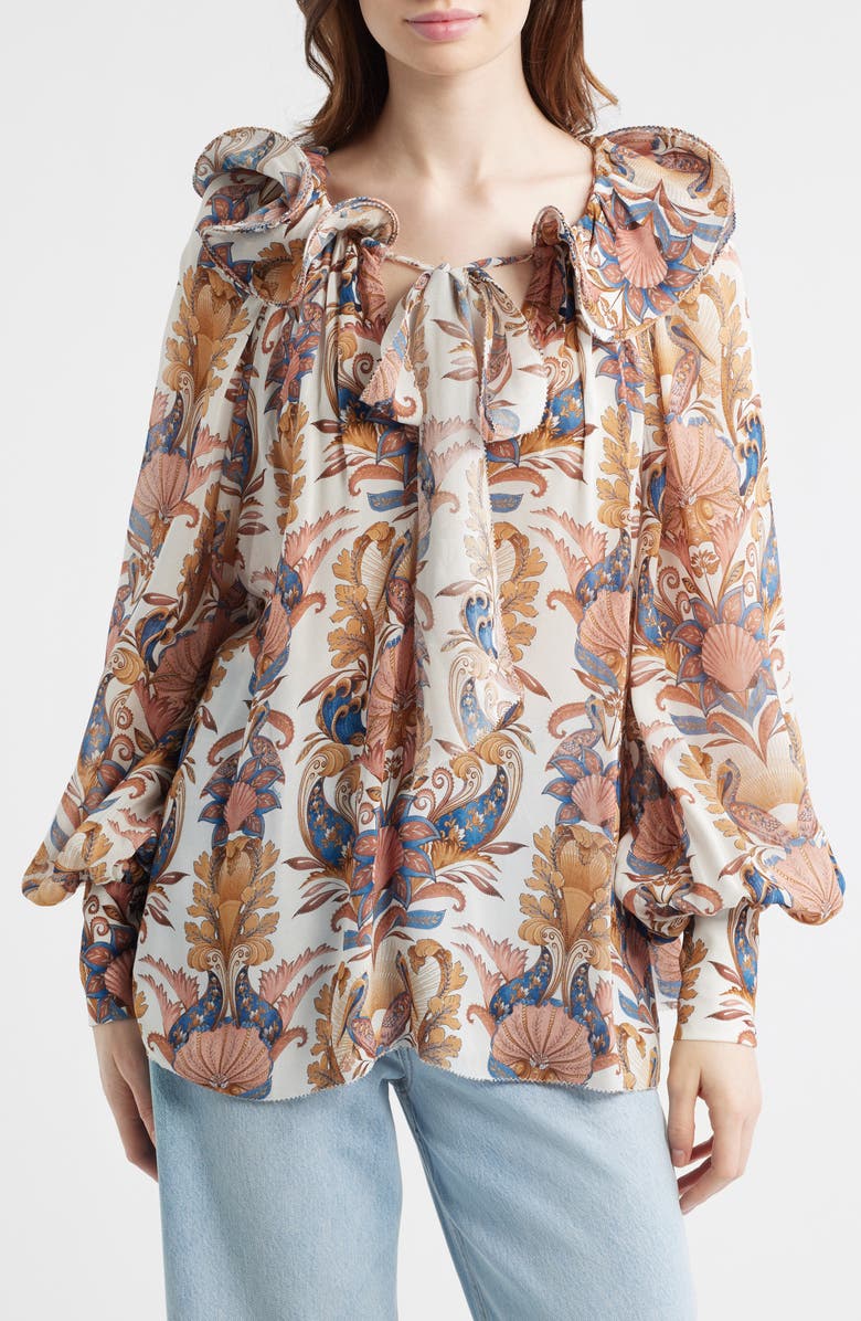 FARM Rio Sea Garden Tie Neck Top, Main, color, Sea Garden Off-White