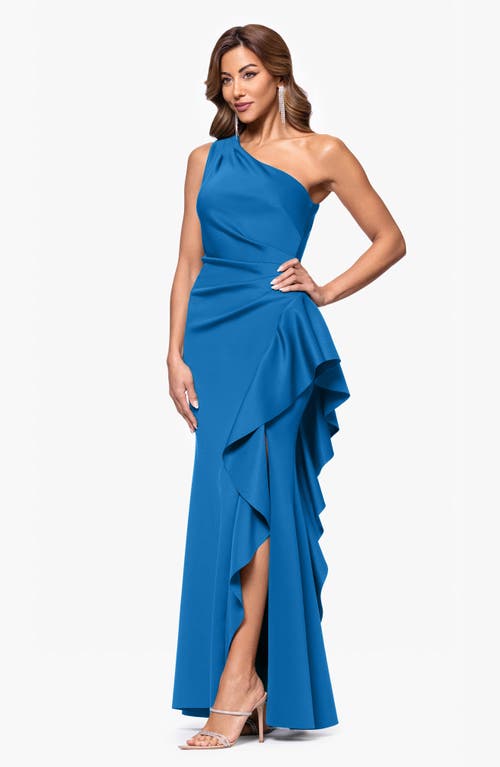 Xscape Evenings One-shoulder Ruffle Scuba Crepe Gown In Blue