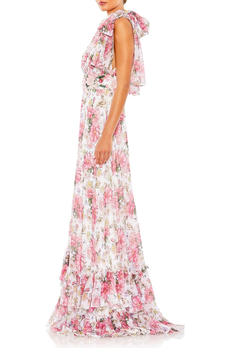 Ruffle Floral Print Chiffon Gown, Alternate, color, WHITE MULTI