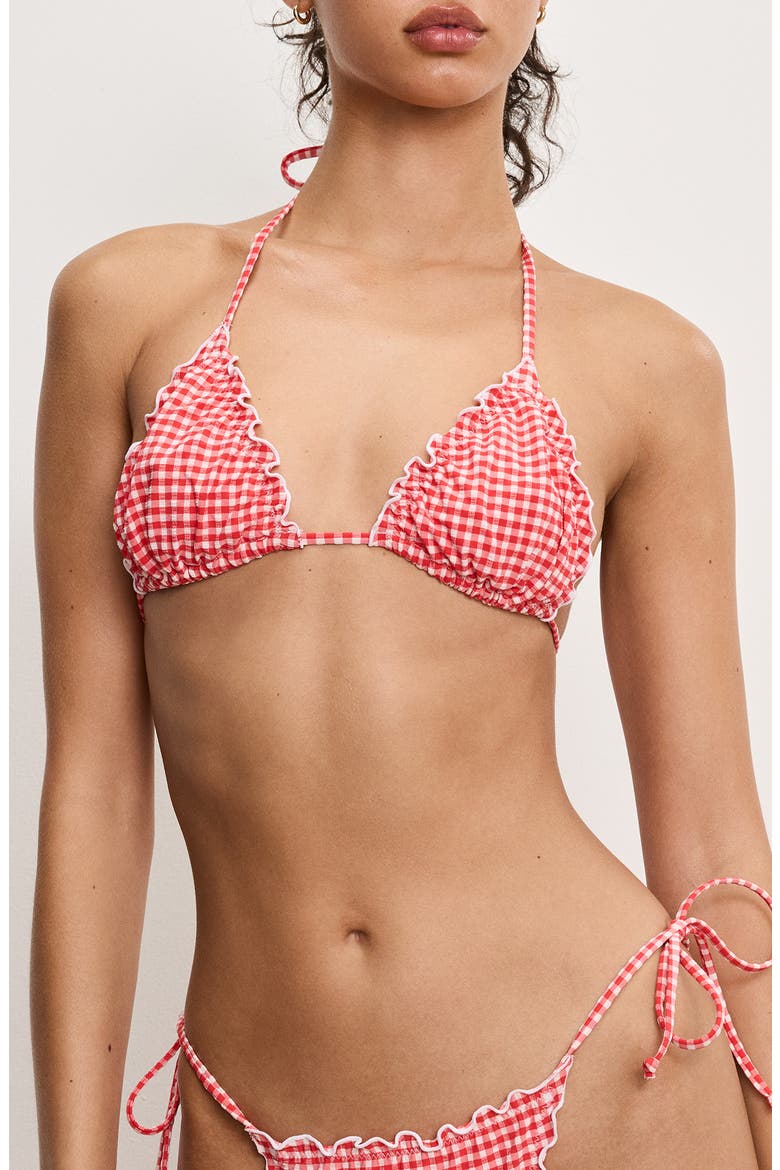 Gingham Lattice Edge Bikini Top, Main, color, GRENADINE GINGHAM001