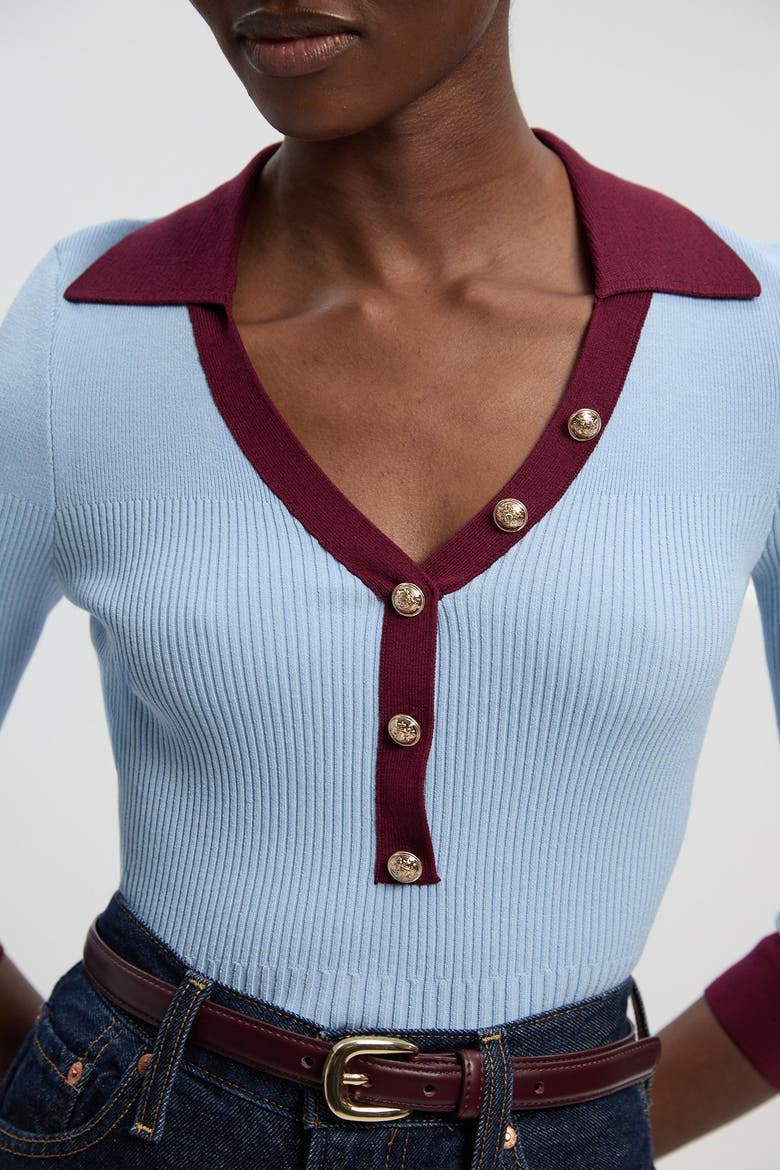 Rib Knit Contrast Hem Collared Top, Alternate, color, Light Blue