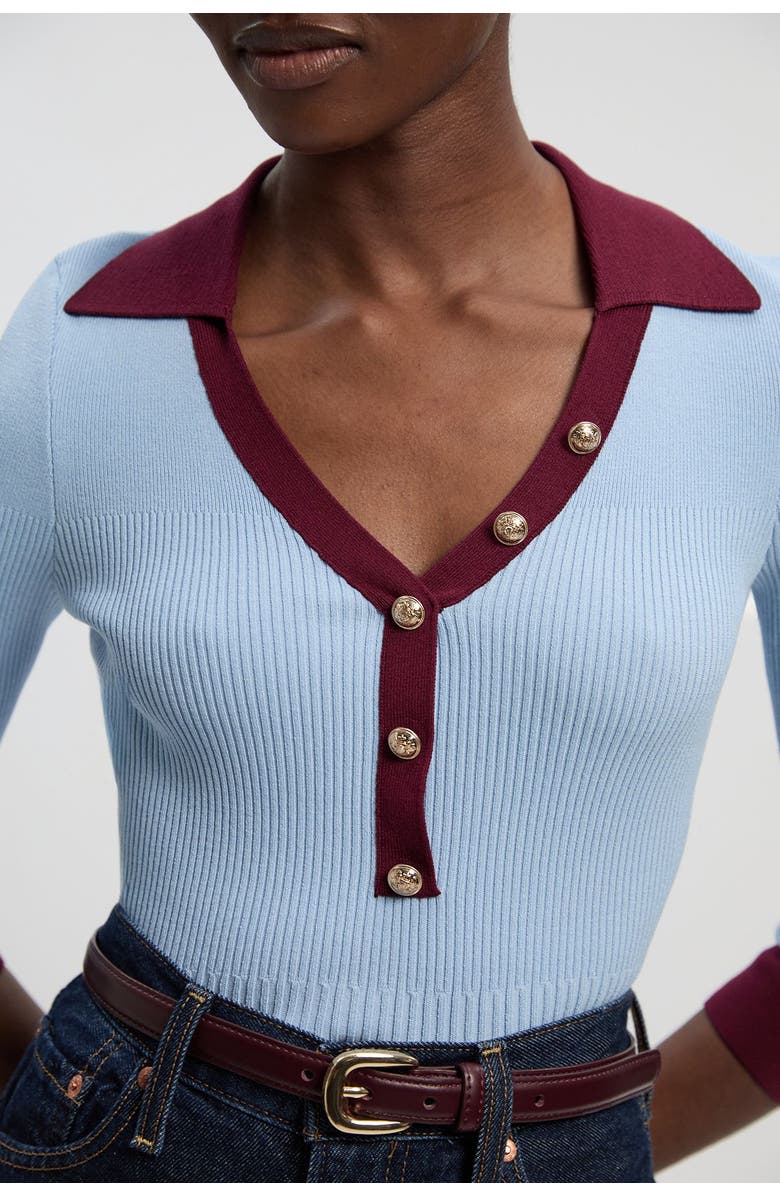 Karen Millen Rib Knit Contrast Hem Collared Top, Alternate, color, Light Blue