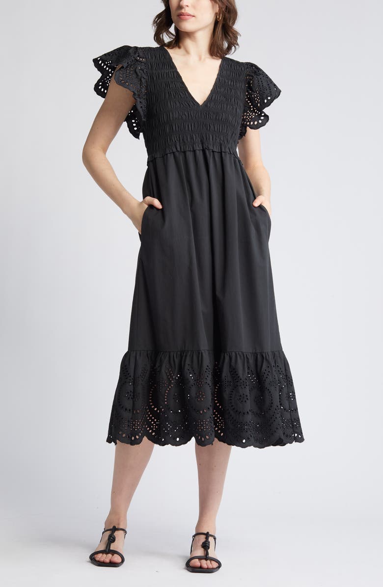 Rails Clementine Eyelet Smocked Cotton Blend Midi Dress, Alternate, color,