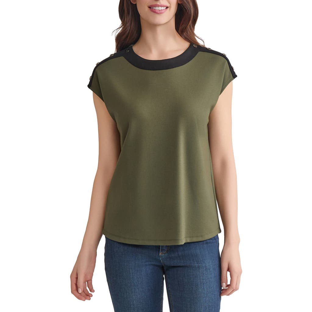 Jones New York Contrast Trim Drop Shoulder Top in Jasper Green/Black  product