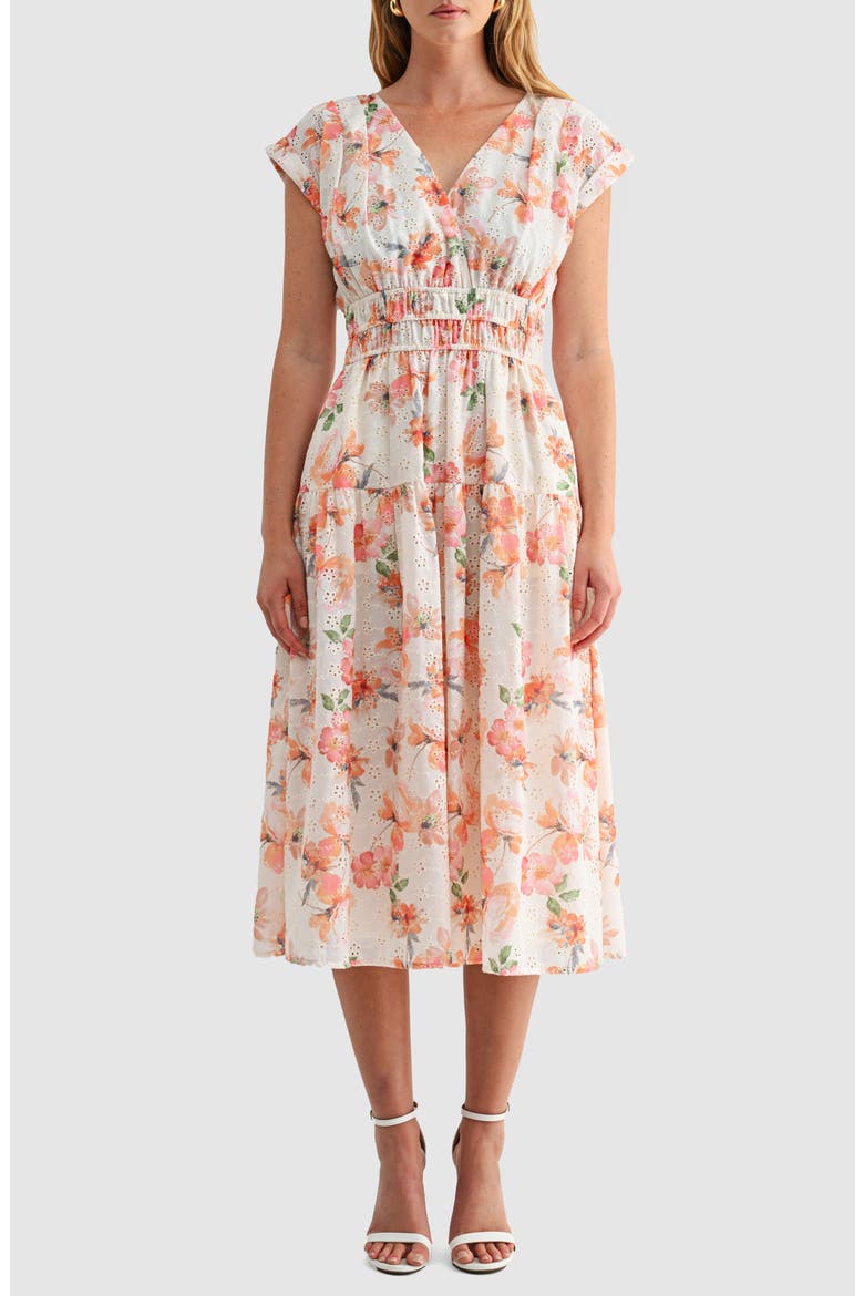 Floral Cap Sleeve Eyelet Cotton A-Line Midi Dress, Main, color, ORANGE MAUVE FLORAL