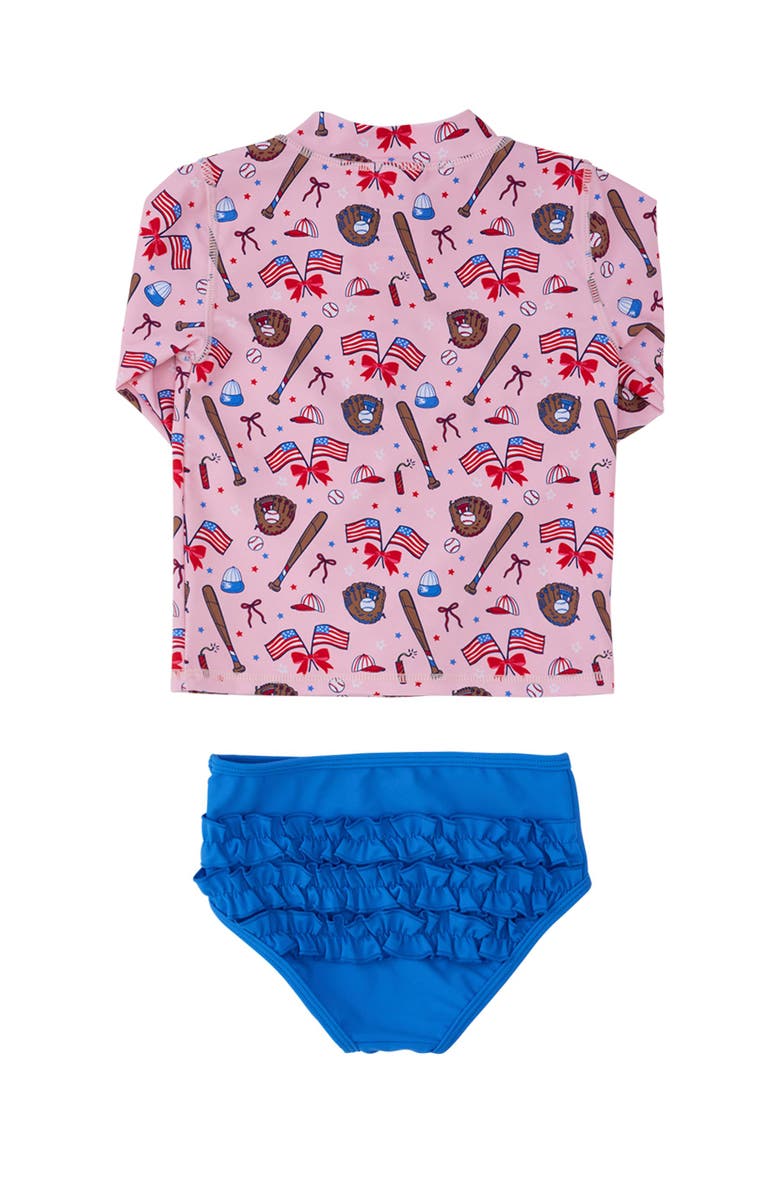 RuffleButts Toddler Girls UPF50+ Long Sleeve Zipper Rash Guard 2-Piece, Alternate, color, Pink Stars & Strikes