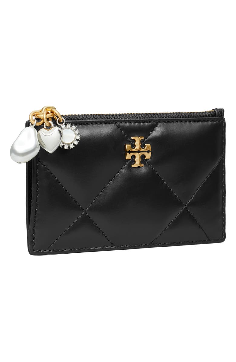 Tory Burch Kira Charm Diamond Quilted Leather Zip Card Case, Alternate, color, Black