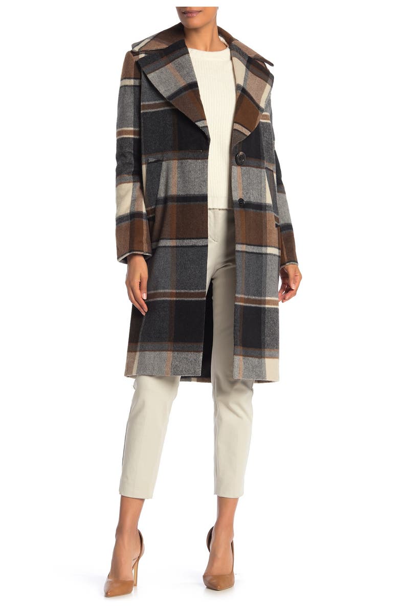 Kensie Plaid Notch Lapel Coat, Main, color, 