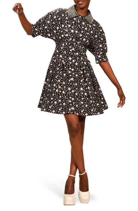 Rhinestone Collar Star Print Cotton Shirtdress