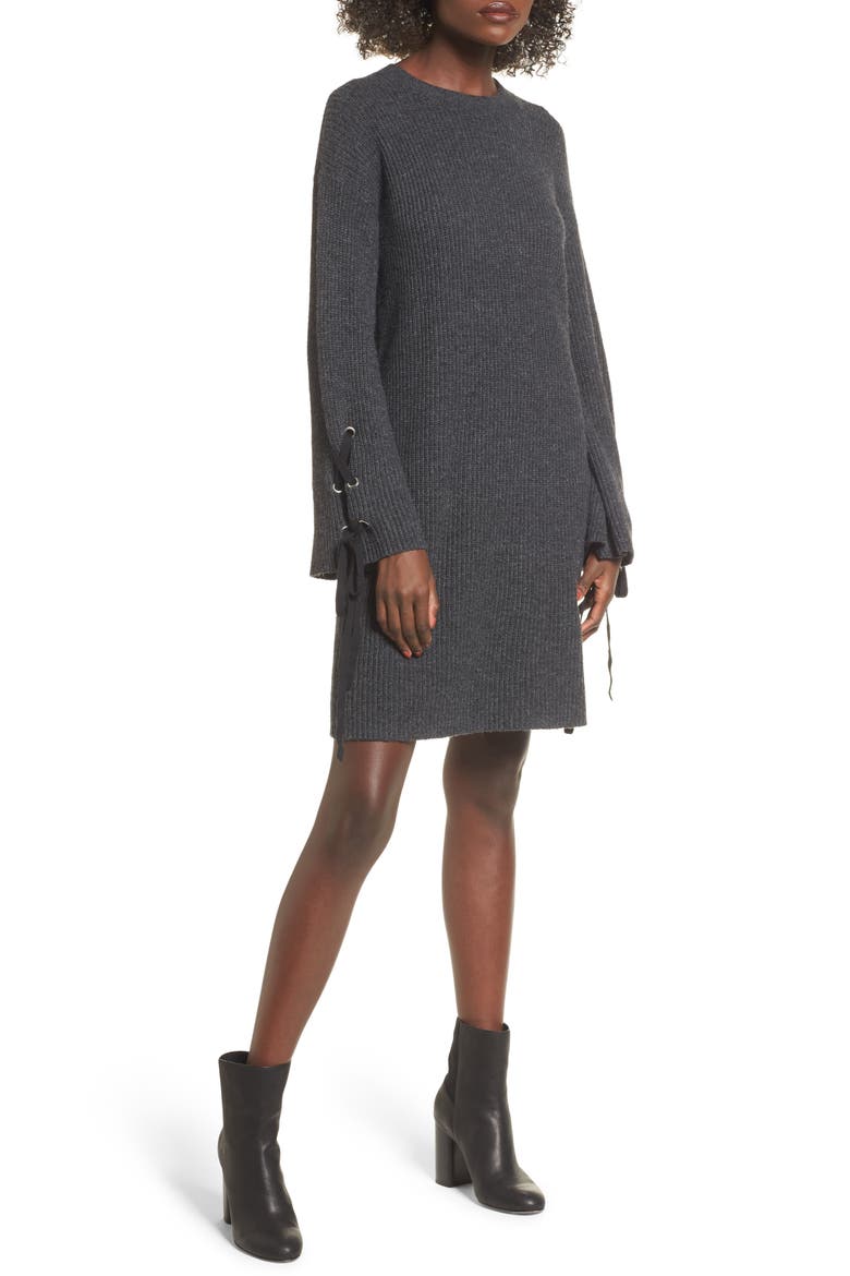 Tie Sleeve Sweater Dress, Main, color, GREY DARK CHARCOAL HEATHER