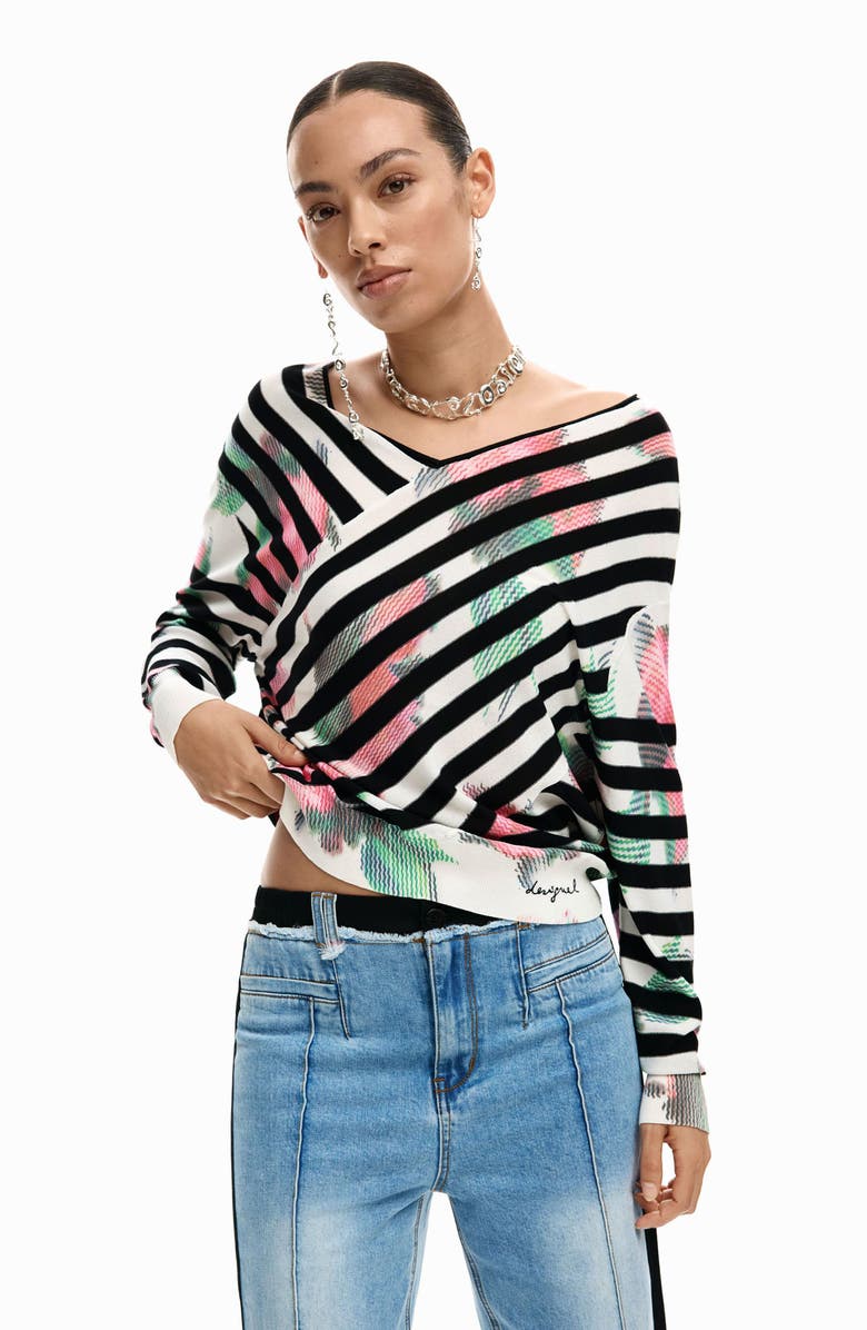 Desigual Stripe Fine Gauge Surplice Neck Sweater, Alternate, color, 