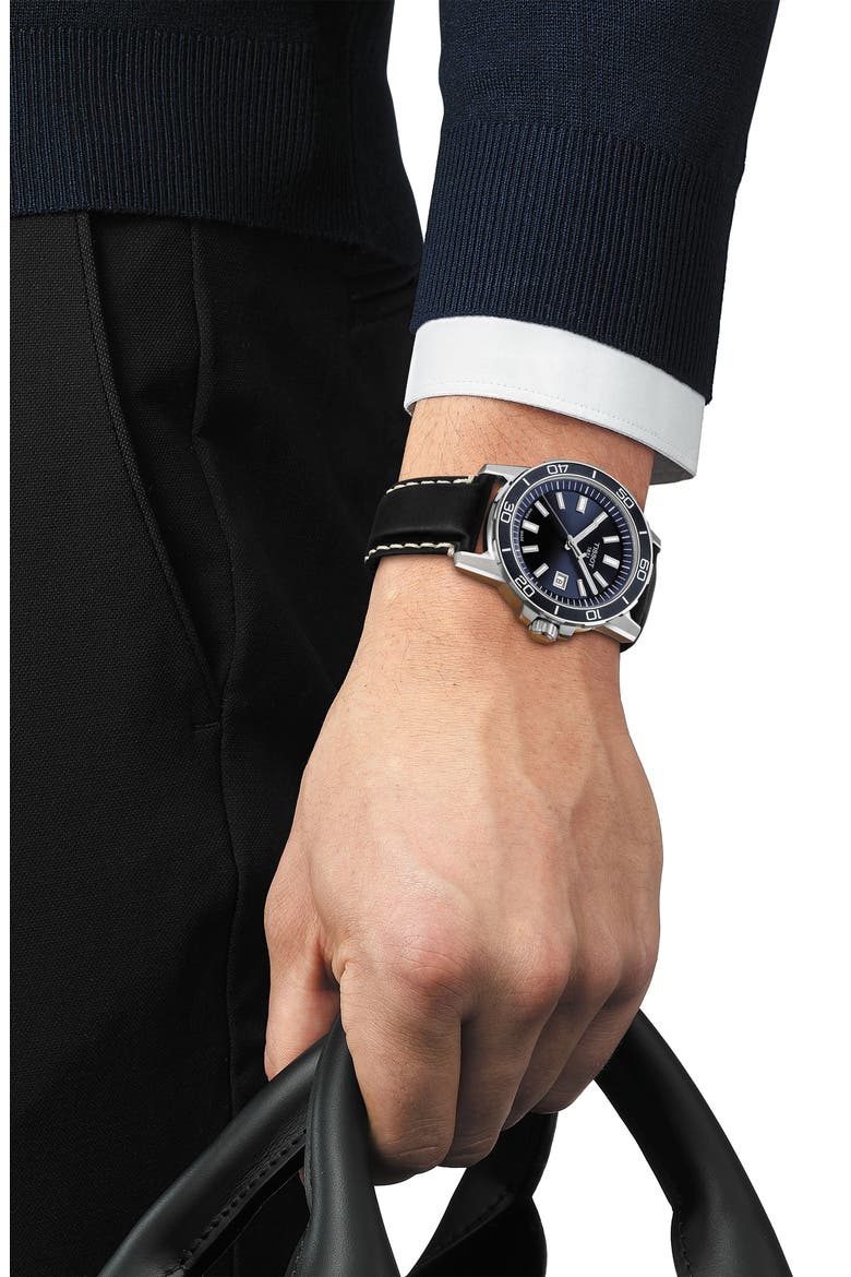 Supersport Qua Leather Strap Watch, 44mm, Alternate, color, BLUE