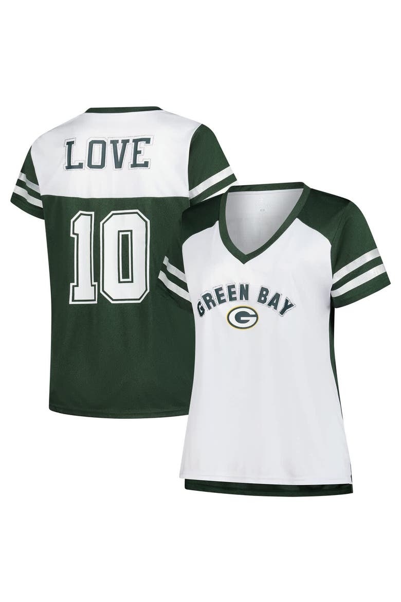 Women's Fanatics Jordan Love White Green Bay Packers Plus Size Bling Raglan V-Neck T-Shirt, Main, color, White