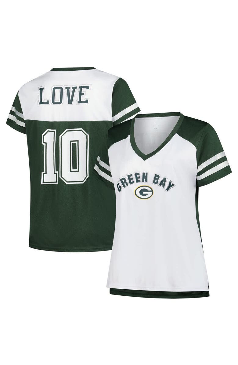 FANATICS Women's Fanatics Jordan Love White Green Bay Packers Plus Size Bling Raglan V-Neck T-Shirt, Main, color, White