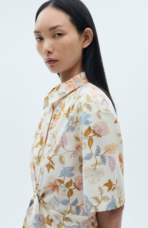 Mango Floral Knot Front Cotton Mini Shirtdress In Sand