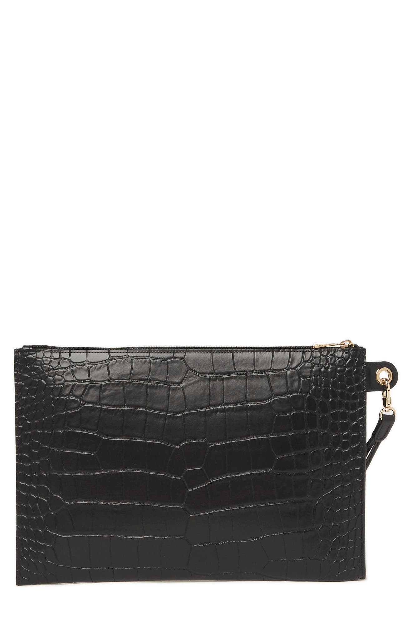 Croc Embossed Leather Wristlet, Alternate, color, BLACK
