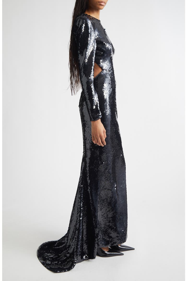 Long Sleeve Sequin Gown, Alternate, color, BLACK