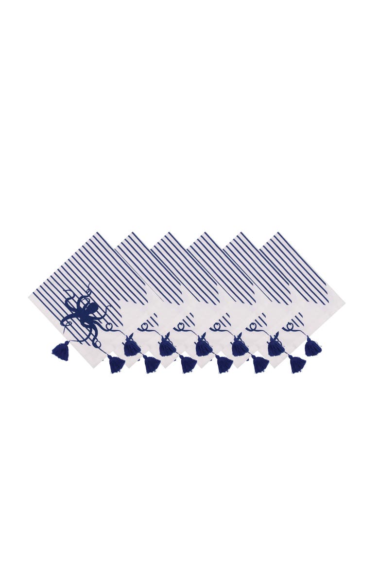 Indigo Octopus Stripes and Tassels Machine Washable Napkins Set of 6, Main, color, Blue