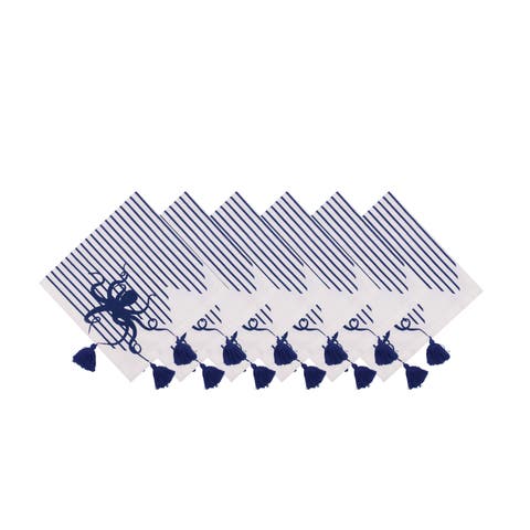 Indigo Octopus Stripes and Tassels Machine Washable Napkins Set of 6