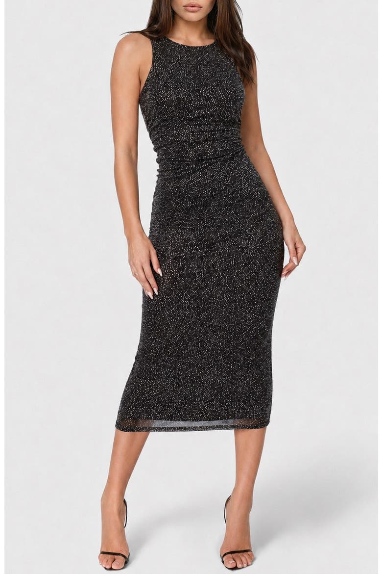 Glitter Mesh Ruched Midi Dress, Main, color, BLACK