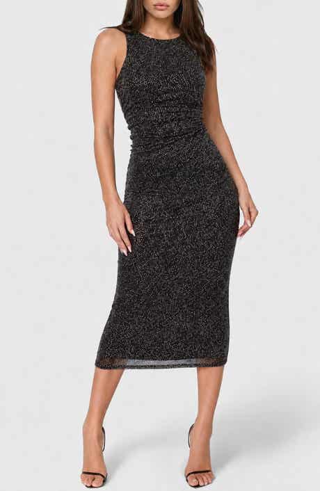 Glitter Mesh Ruched Midi Dress