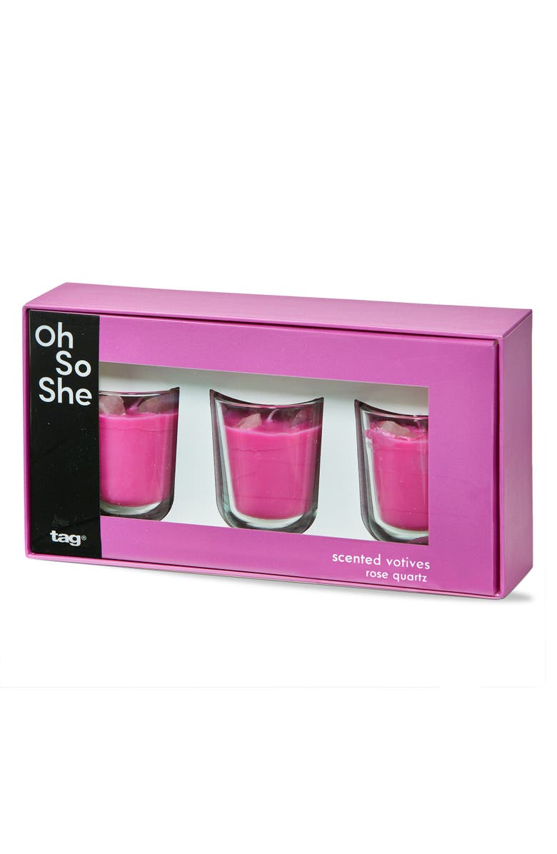 tag Scented Votive W/Rose Quartz Stones S/3 Fuchsia Glass Everyday, Main, color, Pink