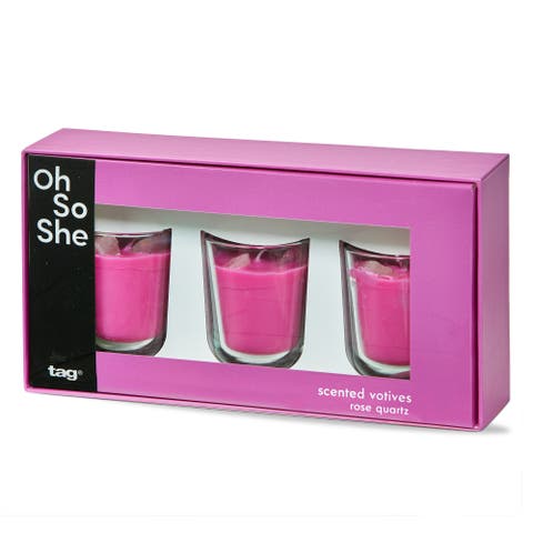 Scented Votive W/Rose Quartz Stones S/3 Fuchsia Glass Everyday
