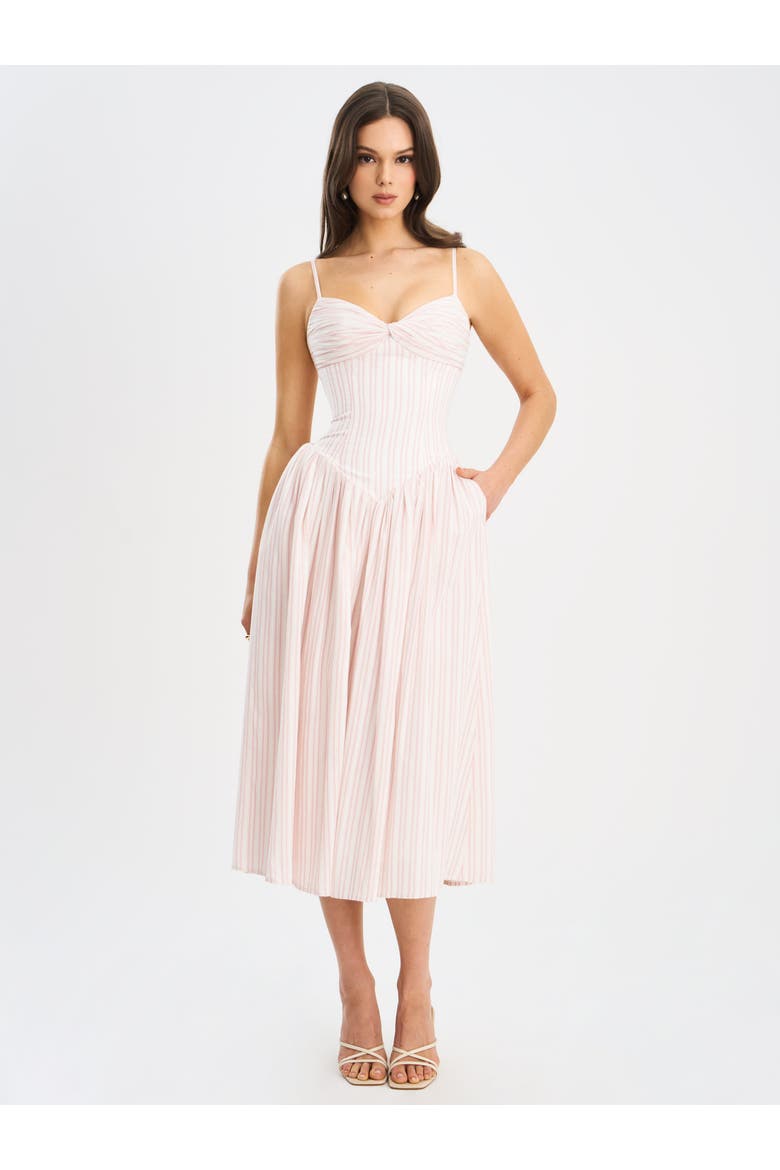 Zania Ruched Breast Cotton Jacquard Midi Dress, Alternate, color, Pink and white stripe