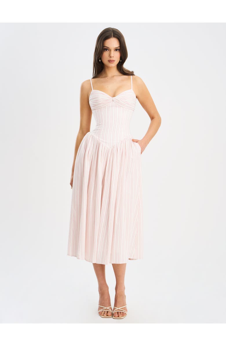 Miss Circle Zania Ruched Breast Cotton Jacquard Midi Dress, Alternate, color, Pink And White Stripe