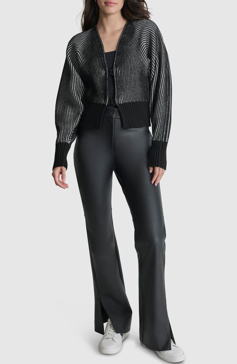 DKNY Contrast Rib Cardigan, Alternate, color, Black/ Ivory