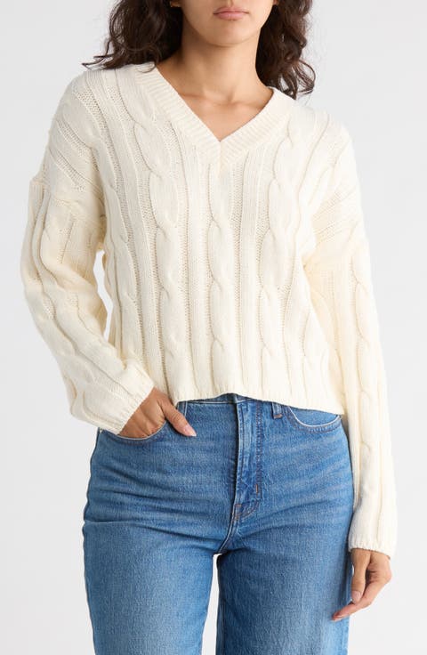 Cable Knit V-Neck Crop Sweater