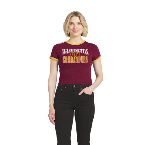 Women's WEAR by Erin Andrews Burgundy Washington Commanders Cropped Throwback Ringer Baby T-Shirt