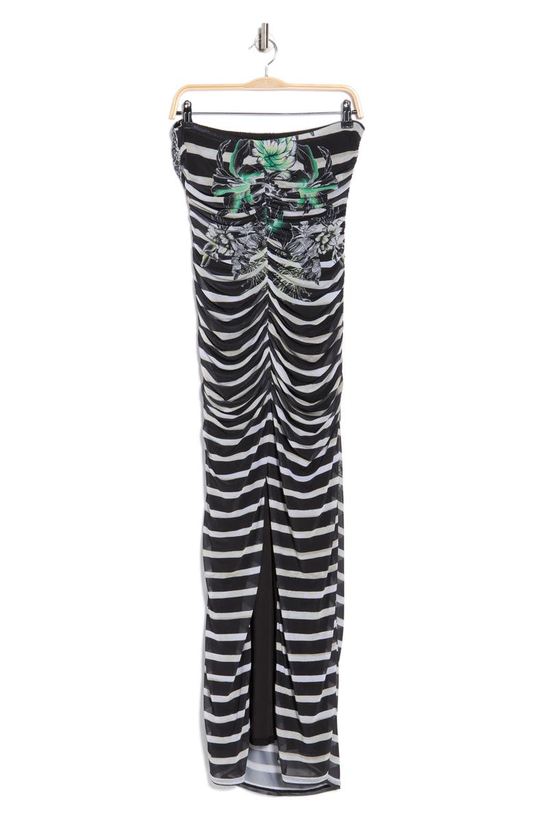 AFRM Ira Strapless Ruched Mesh Maxi Dress, Alternate, color, Tattoo Stripe