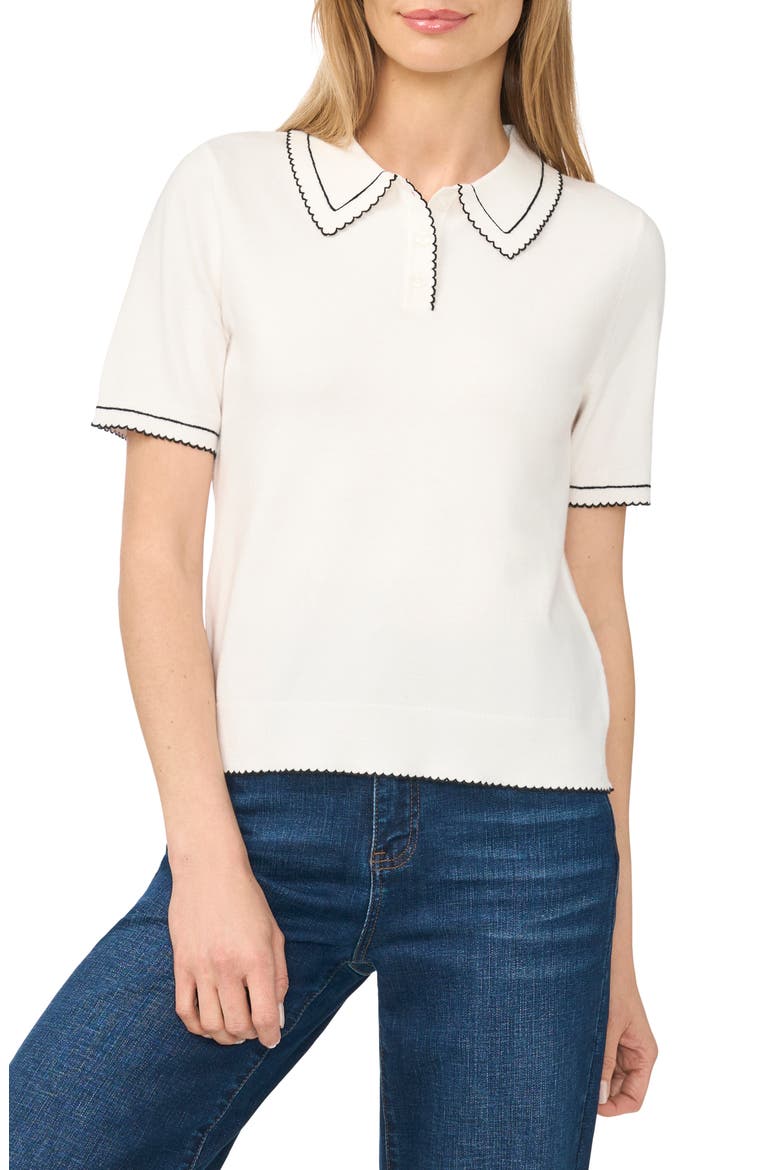 Scalloped Trim Short Sleeve Polo Sweater, Main, color, ANTIQUE WHITE