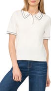 CeCe Scalloped Trim Short Sleeve Polo Sweater