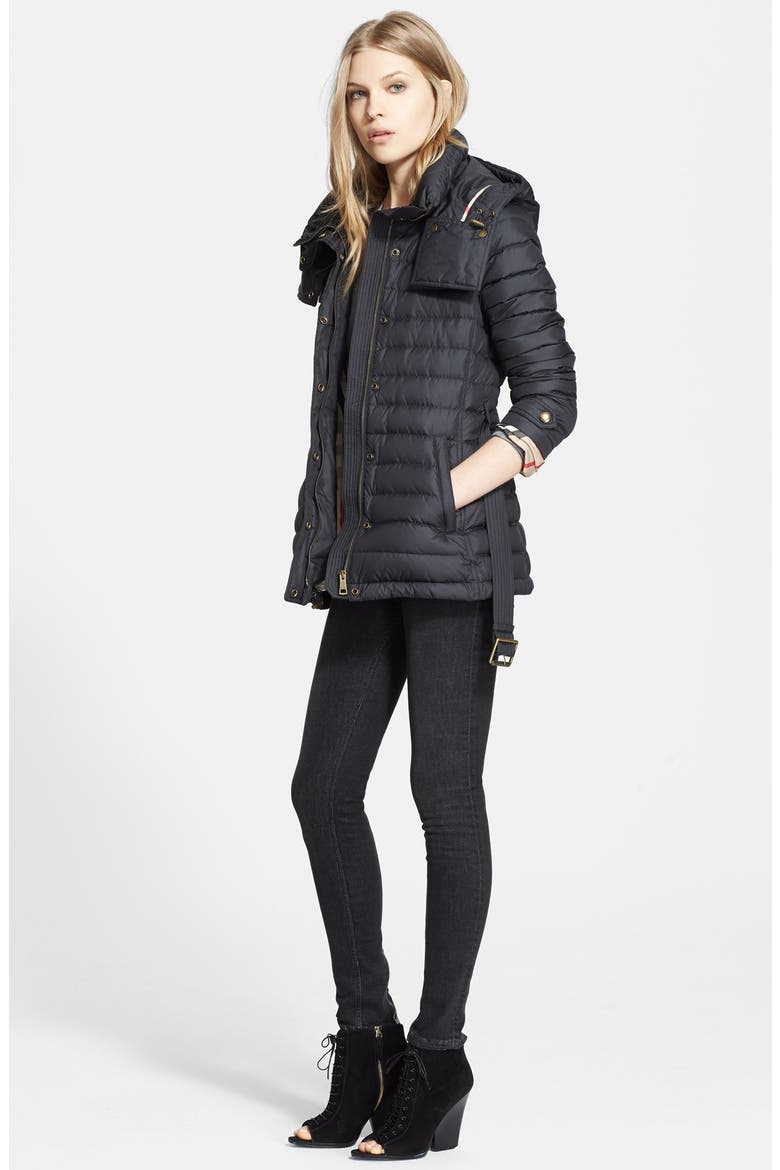 'Cornsdale' Channel Quilt Down Jacket with Hood, Alternate, color, BLACK