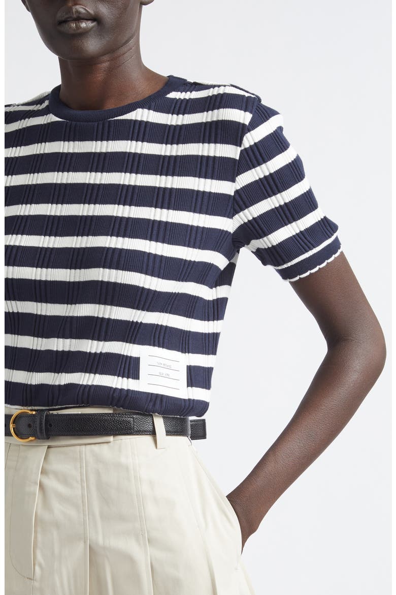Stripe Scallop Edge Short Sleeve Cotton Rib Sweater, Alternate, color, NAVY/ WHITE