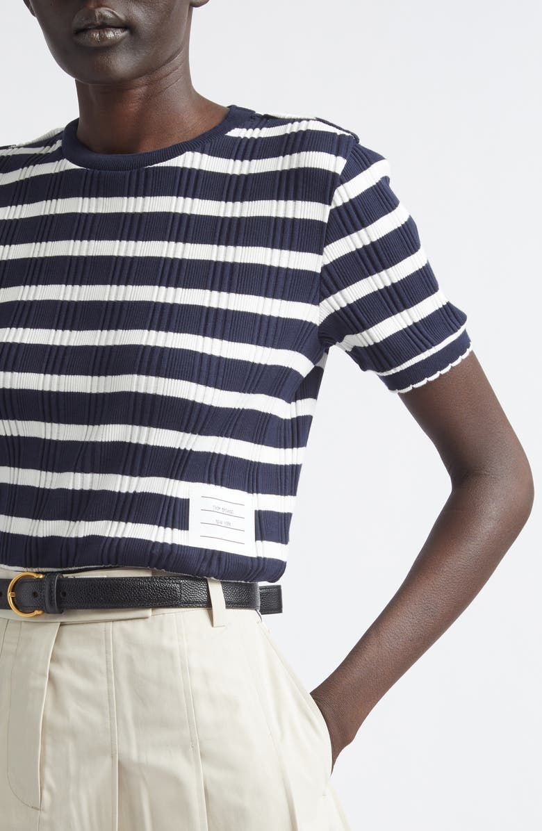 Thom Browne Stripe Scallop Edge Short Sleeve Cotton Rib Sweater, Alternate, color, Navy/ White